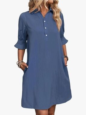 Relaxed Blue Collared Women's Tunic Dress